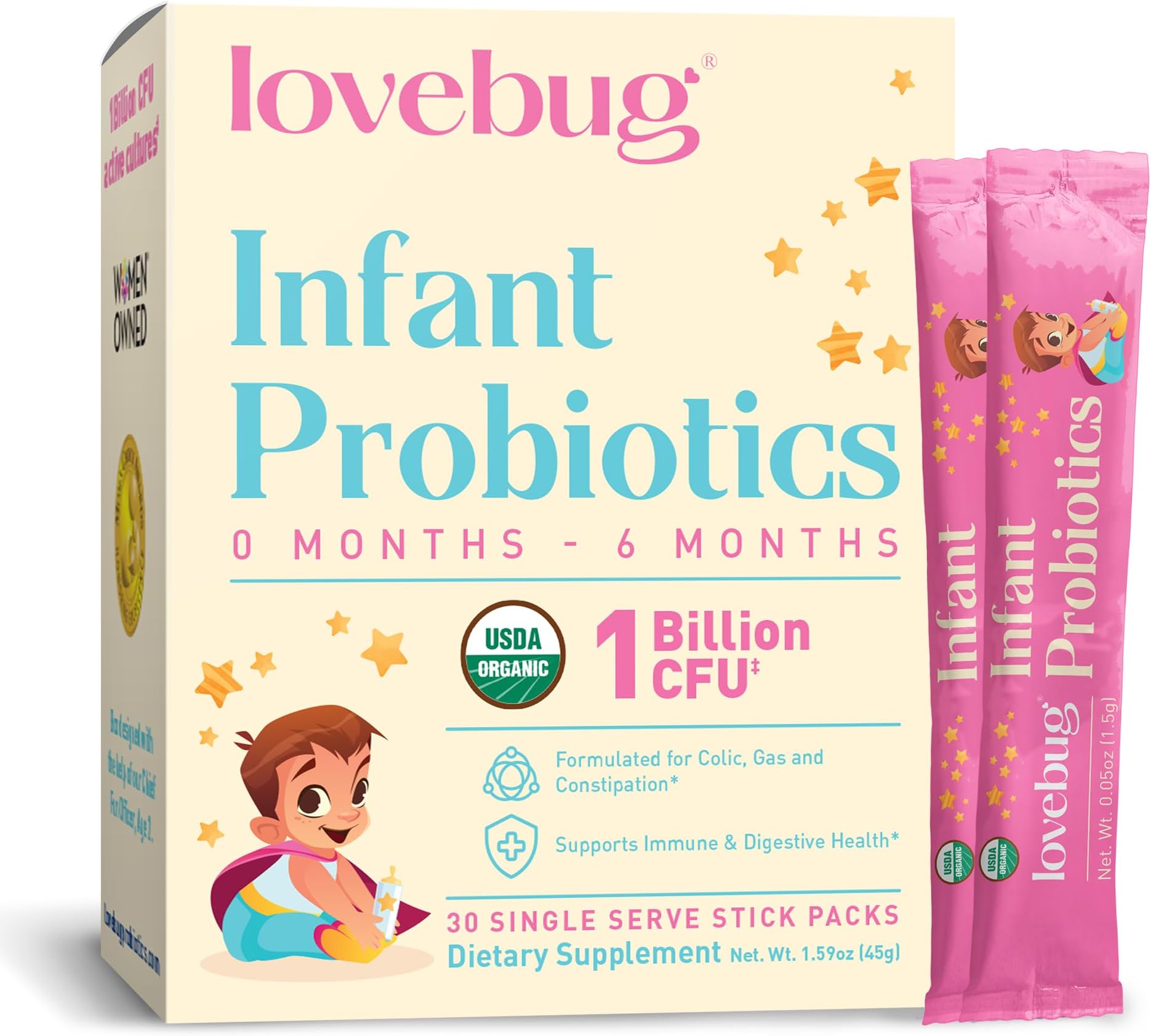 Award Winning USDA Organic Probiotic for Infants | Ages 0-6 Months | Helps with Colic, Reflux, Diarrhea, Constipation & Gas | Tasteless Powder | Sugar Free | Allergen-Free, Non-GMO & Vegan