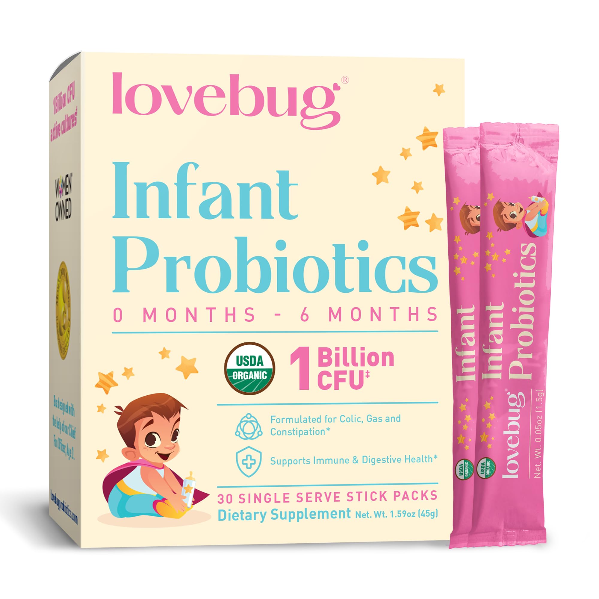 Award Winning USDA Organic Probiotic for Infants | Ages 0-6 Months | Helps with Colic, Reflux, Diarrhea, Constipation & Gas | Tasteless Powder | Sugar Free | Allergen-Free, Non-GMO & Vegan