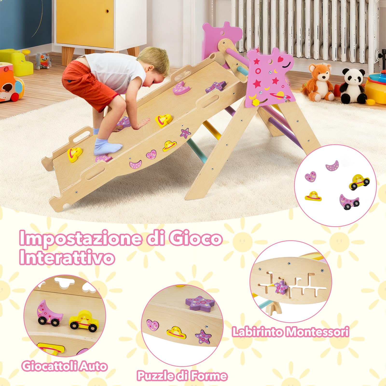RELAX4LIFE Set da Arrampicata per Bambini, Triangolo di Arrampicata con Scivolo e Arco, Gioco di Incastri in Legno, Gioco Montessori per Bambini 1+ Anni (Unicorno-4 Pezzi | Macaron)