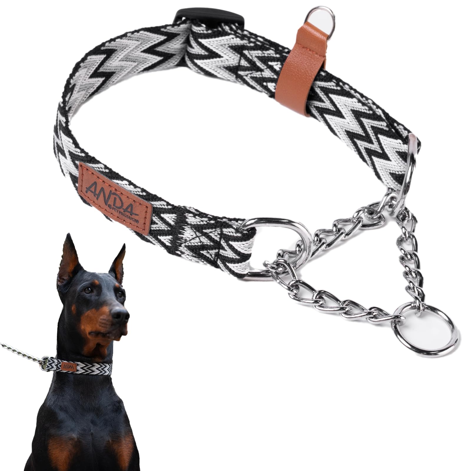 ANDA Martingale Collar for Dogs, Adjustable with Reflective Stainless Steel Chain, No-Pull Escape-Proof Training Collar for Medium and Large Breeds (