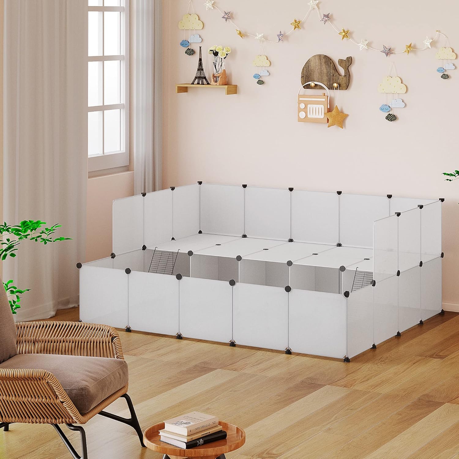 EUGAD Enclos Lapin, Parc pour Cochon d'Inde, Enclos pour Petits Animaux Hamsters Lapins Cochons, Parc Cochon d'Inde Modulable DIY 45 Panneaux, 2 Niveaux, Blanc 181x145x72cm