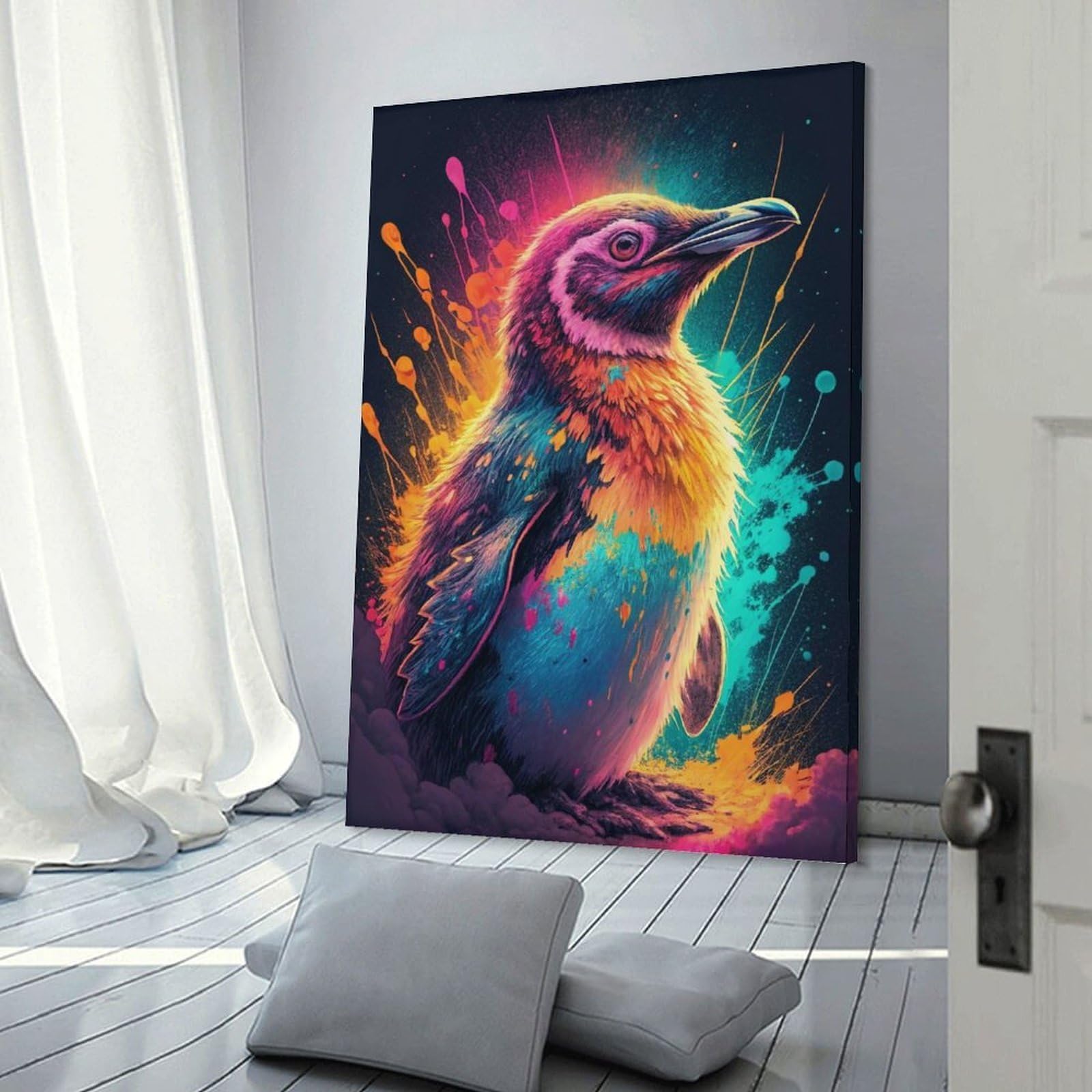 Junmoney Vibrant Penguin with Colorful Splashes Home Decor Wall Art 24x36inch(60x90cm), for Living Room, Bedroom Or Home Office, Decorative Present for New Homes