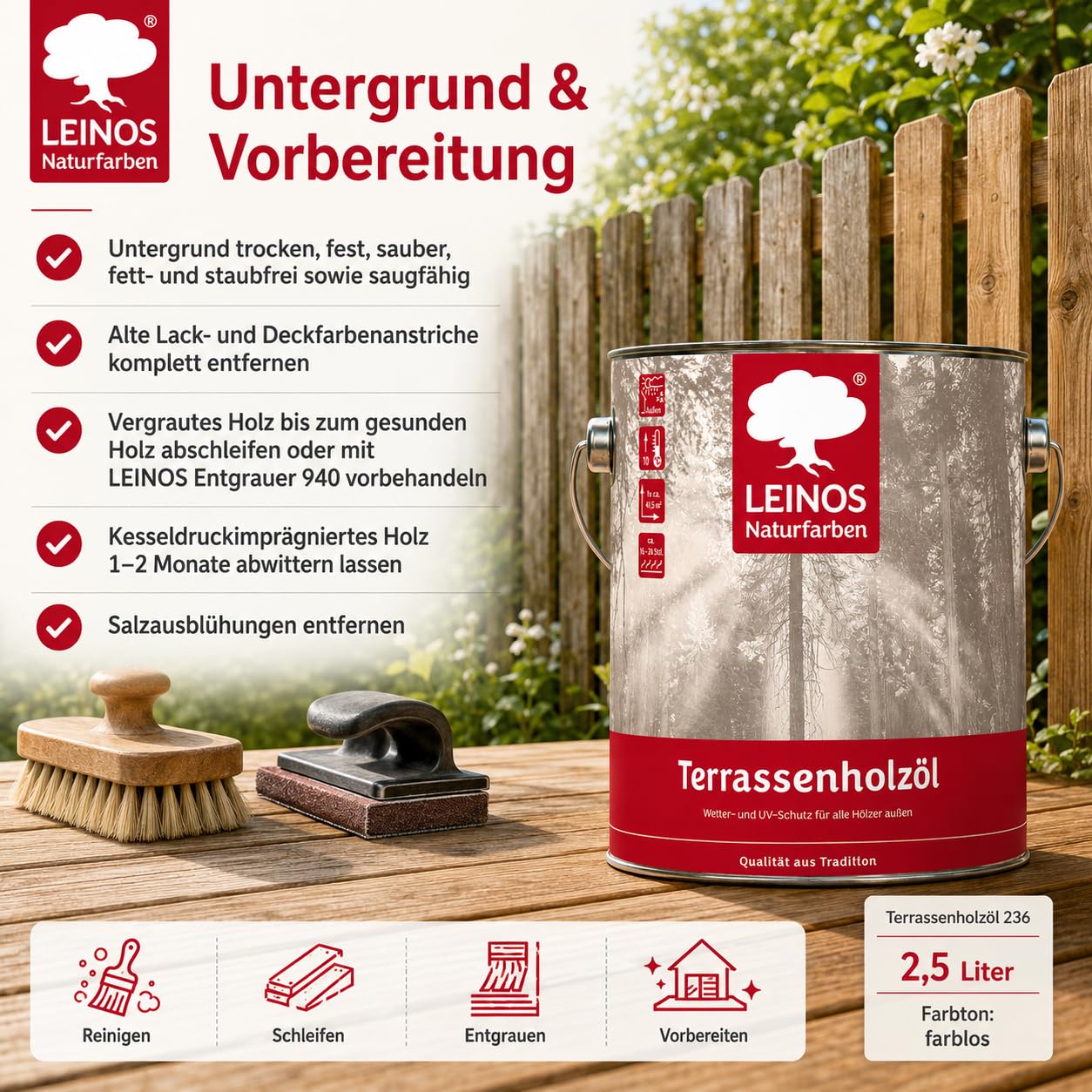 LEINOS Terrassenholzöl 236 | 2,5 Liter | Hochwertiges Holzöl für außen | Für Terrassen, Zäune, Kinderspielgeräte | Farbton: farblos | Tiefer Holzschutz & leichte Anwendung