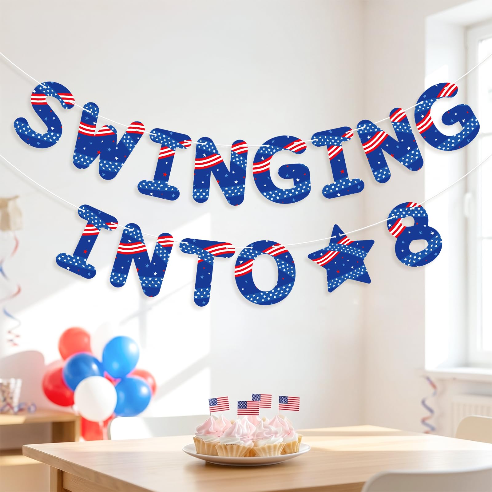 Patriotic Theme 8th Birthday Banner, Pre-Strung Hanging Swinging Into 8 Party Decorations Banners for Boys Girls Indoor Outdoor Celebration Supplies — image 1