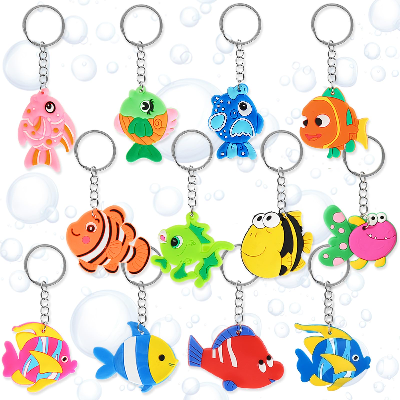 Whaline 12 Pack Fish Keychain Colorful Tropical Fish Ocean Creatures Key Ring Decorations Underwater World Party Favor for Boys Girls Birthday Summer Party School Reward Animal Baby Shower