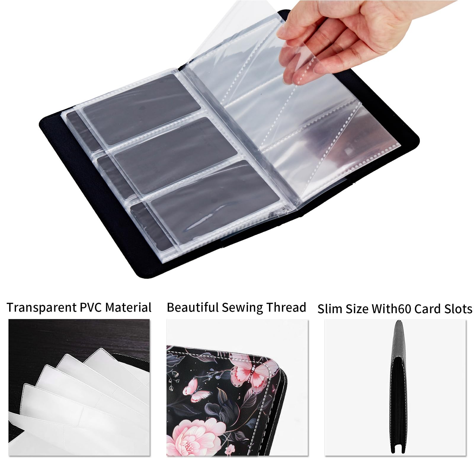 Mxfdegf PU Leather Business Card Holder Book - Holds 240 Cards, 9x5 Inches, With Elastic Closure (Blue Pink Roses Butterfly)