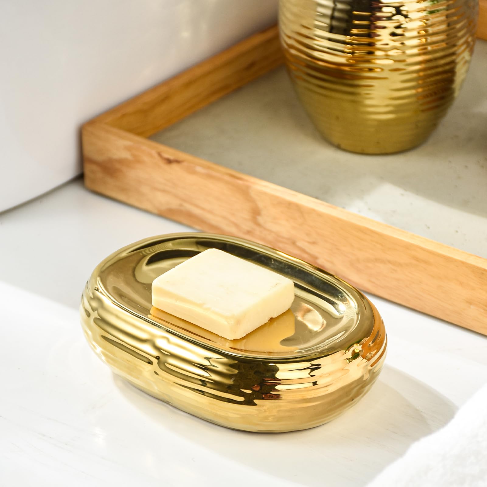 Gold Seifenspender Set, 3-teiliges Keramik Badezimmer Zubehör Set, Badezimmer Seifenschale und Luxus Cup Set（Streifen）
