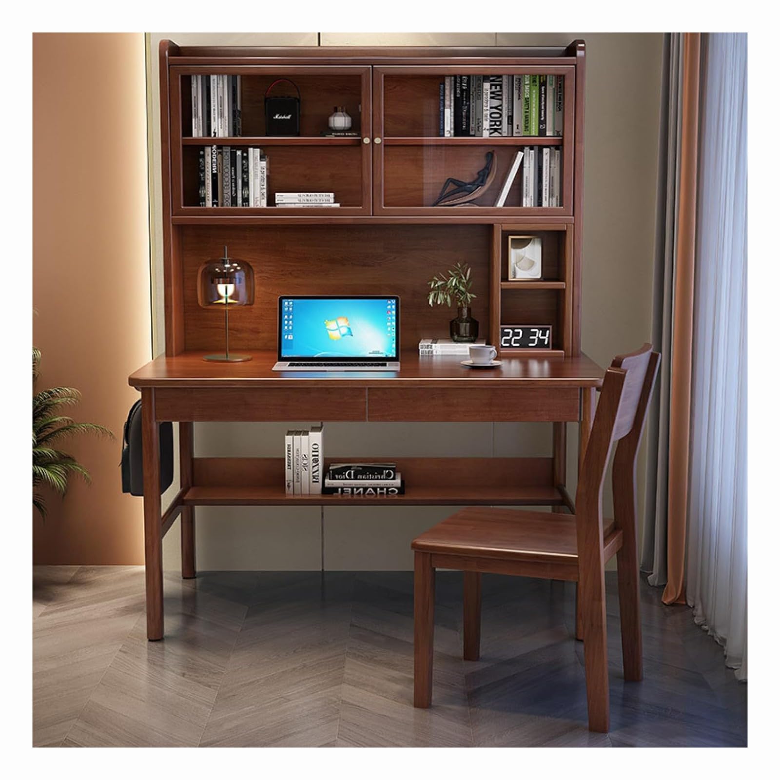 WDSOPK Computer desk Home Office Desk Home Computer Desk with Drawers ＆ Desktop Hutch,Writing Table with Bookshelf for Home Office Small Space（Walnut-31Inch）