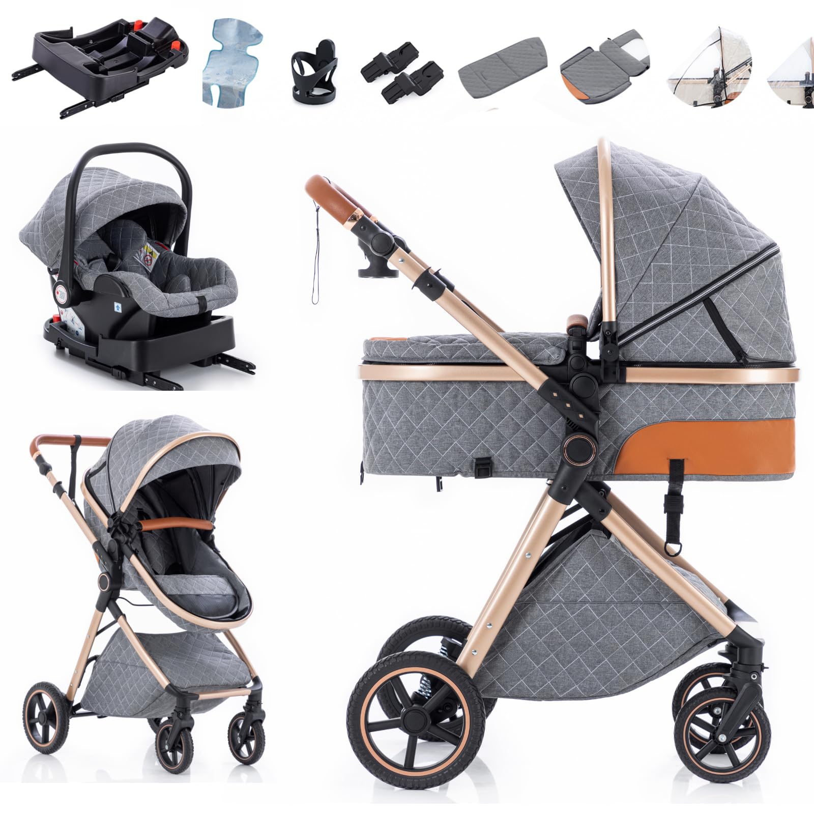 Zkiprm 3-in-1 Kinderwagen Reisesystem mit Autositz und Isofix | Faltbarer Kinderwagenset | Höhenverstellbarer Griff | inkl. Regenschutz, Fußsack, kühlende Einlage, Getränkehalter & mehr | für 0 bis 3
