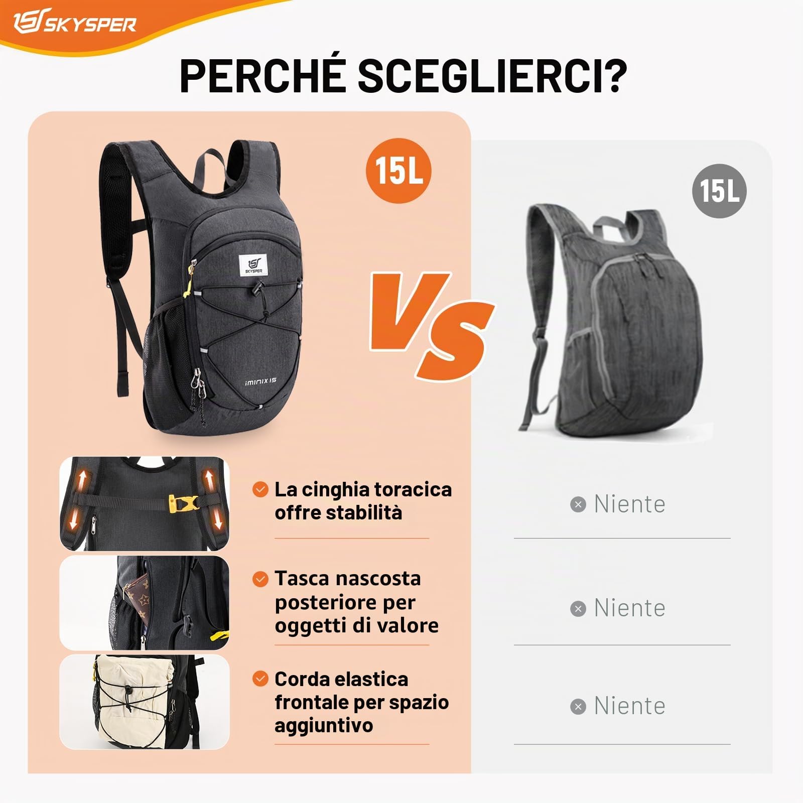 SKYSPER Zaino Pieghevole Leggero 15L Escursione Cinturino Pettorale Ripiegabile da Viaggio Uomo Donna