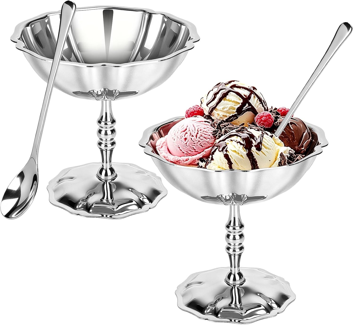 2 Pack 5.4 oz Stainless Steel Small Footed Dessert Cups with Spoons