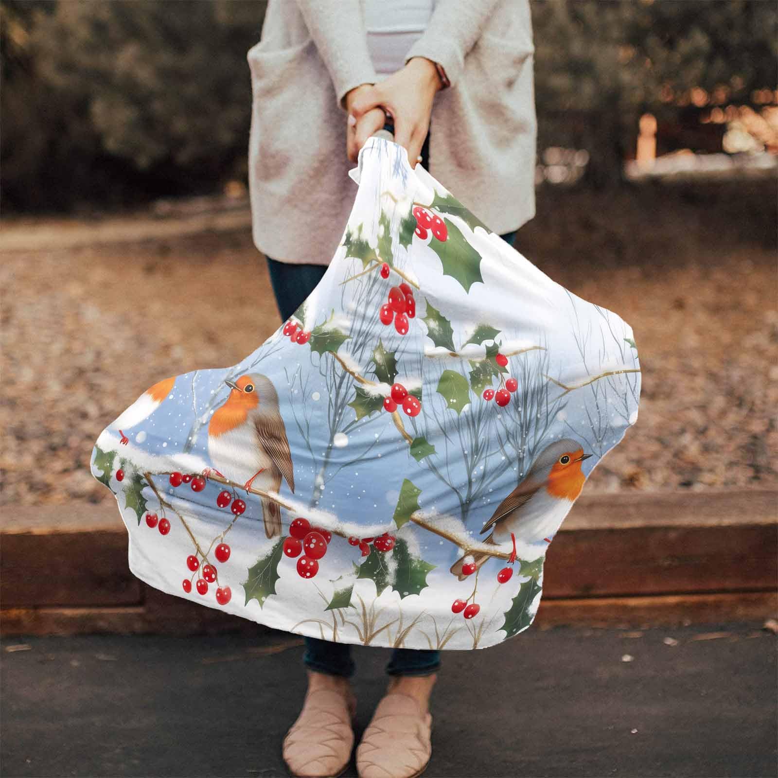 Nursing Cover for Breastfeeding Scarf, Watercolor Pine Branch Leaves Red Berries Baby Car Covers Super Soft Multi Use for Canopy Shopping Cart Cover Blanket Stroller Cover