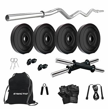 Amazon Brand - Symactive PVC 10 Kg Home Gym Set with Accessories & Gym Bag (10 Kg PVC Weight, 3 Ft Curl Rod, 14'' Dumbbell Rods Pair, 2 Locks/Clippers, Skipping Rope, Gloves, Gripper, Bag), Black - image, photos