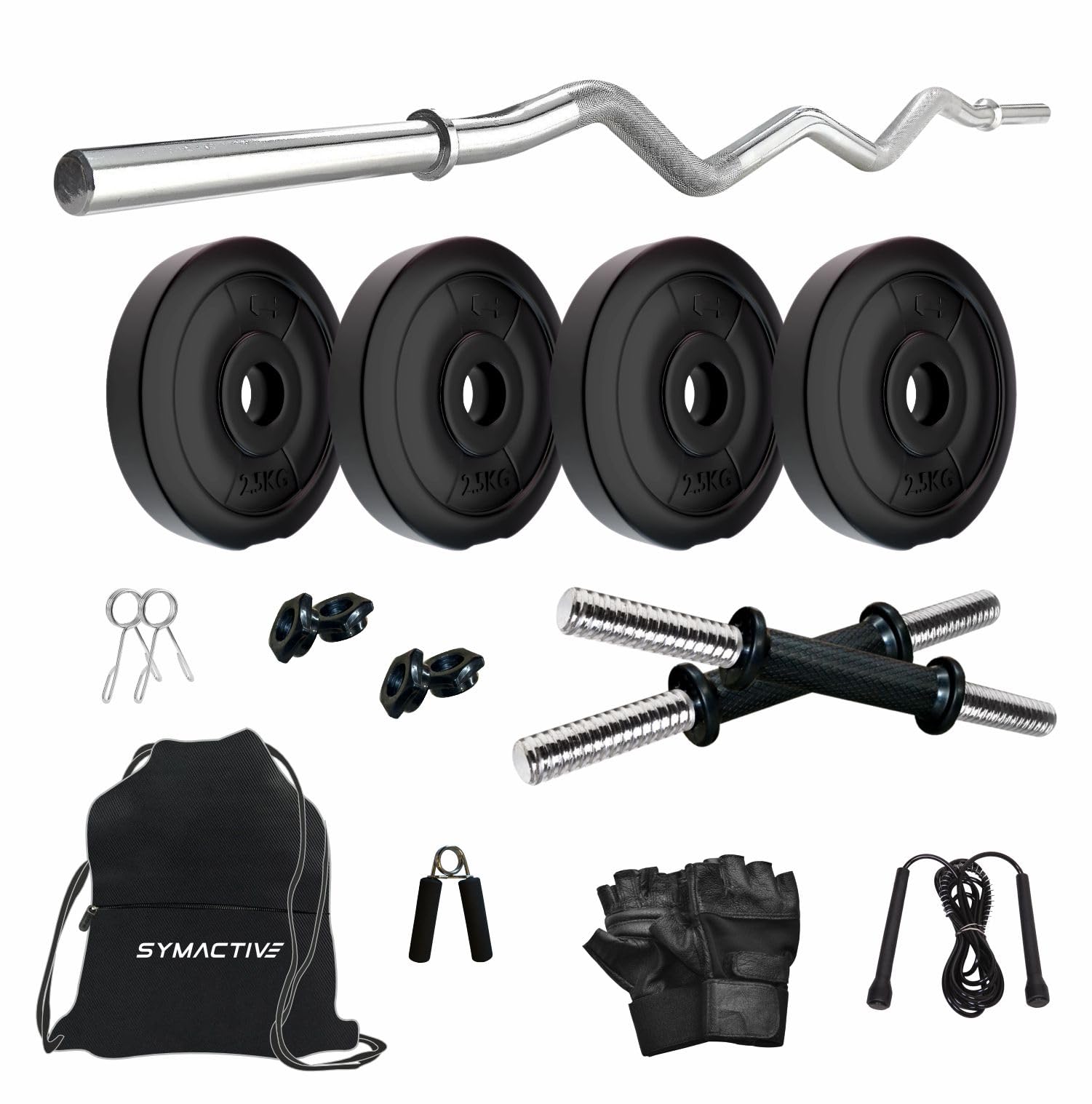 PVC 10 Kg Home Gym Set with Accessories & Gym Bag (10 Kg PVC Weight, 3 Ft Curl Rod, 14'' Dumbbell Rods Pair, 2 Locks/Clippers, Skipping Rope, Gloves, Gripper, Bag), Black