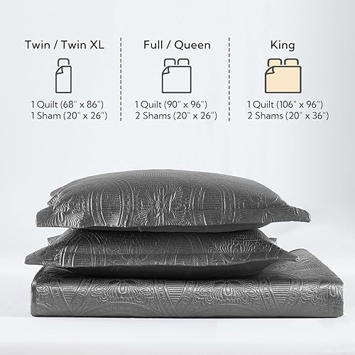 Miniatura 2 de MR&HM Juego de edredón de satén tamaño King, color gris oscuro, 3 piezas, colcha de estilo moderno con patrón de monedas, edredón ligero de verano