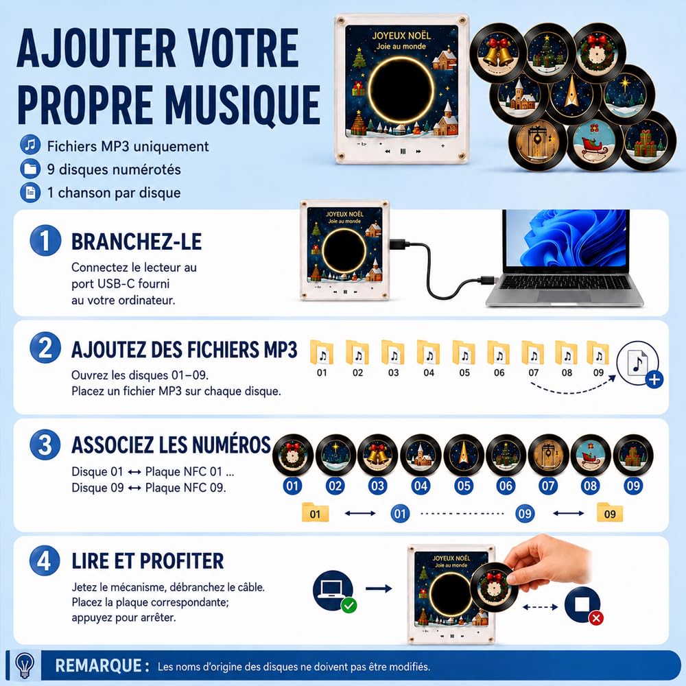 Aimant De Frigo Musical Noel,Mini Vinyle Frigo Noel,9 Disques Programmables,128 Mo De MéMoire IntéGréE,Audio Personnalisé, LumièRes LED,Commutation Facile,Chargement USB-C (B)