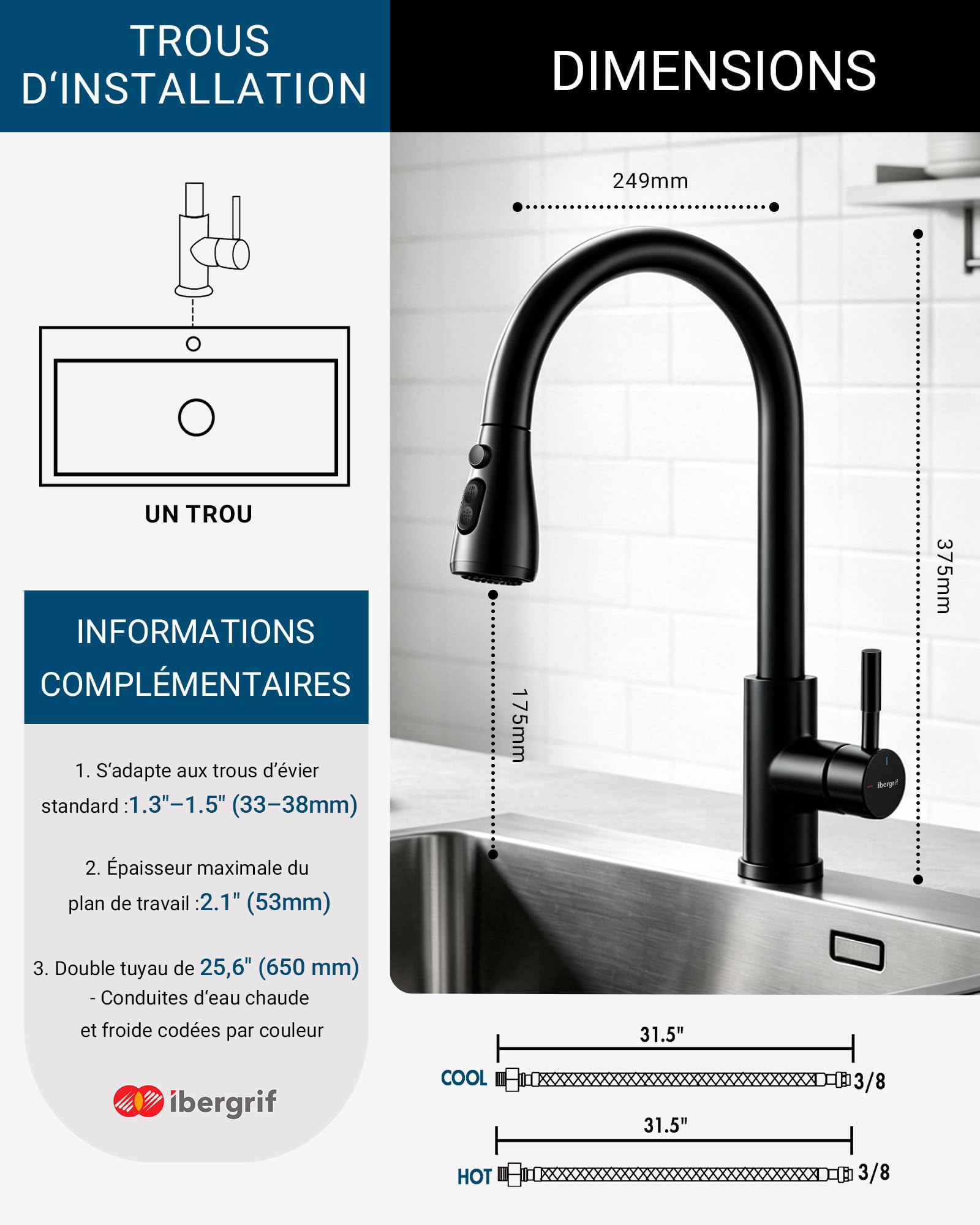 Ibergrif Robinet Cuisine 360° Pivotant Douchette Extractible, Mitigeur Évier Acier Inoxydable Noir Chromé, 3 Modes de Pulvérisation, Économie d'Eau,M22136B
