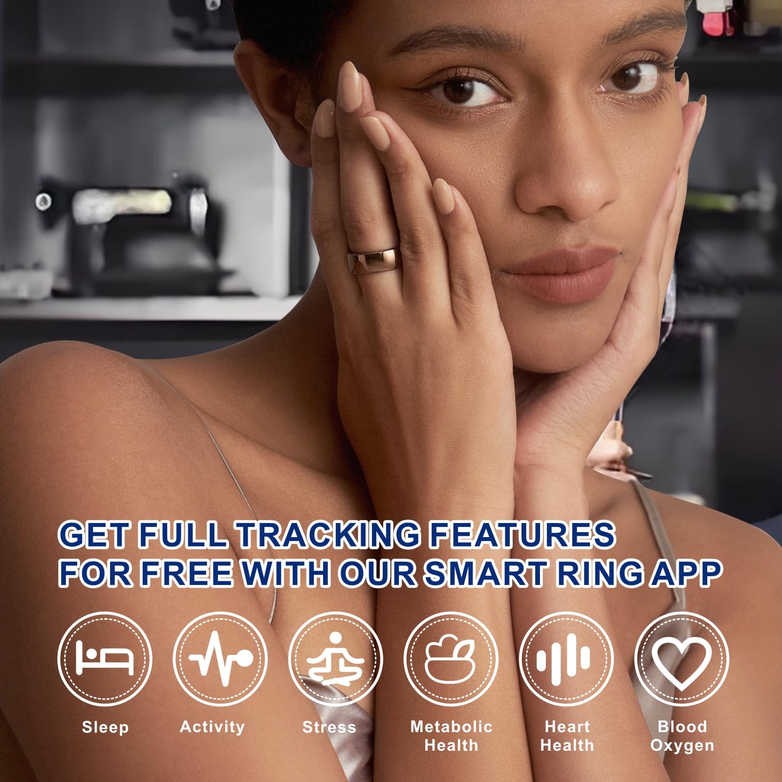 Anneau intelligent, tracker d'activité, anneau de sommeil, suivi de fitness, suivi du stress, fréquence cardiaque, méditation, température, respiratoire, sans abonnement à l'application, femmes