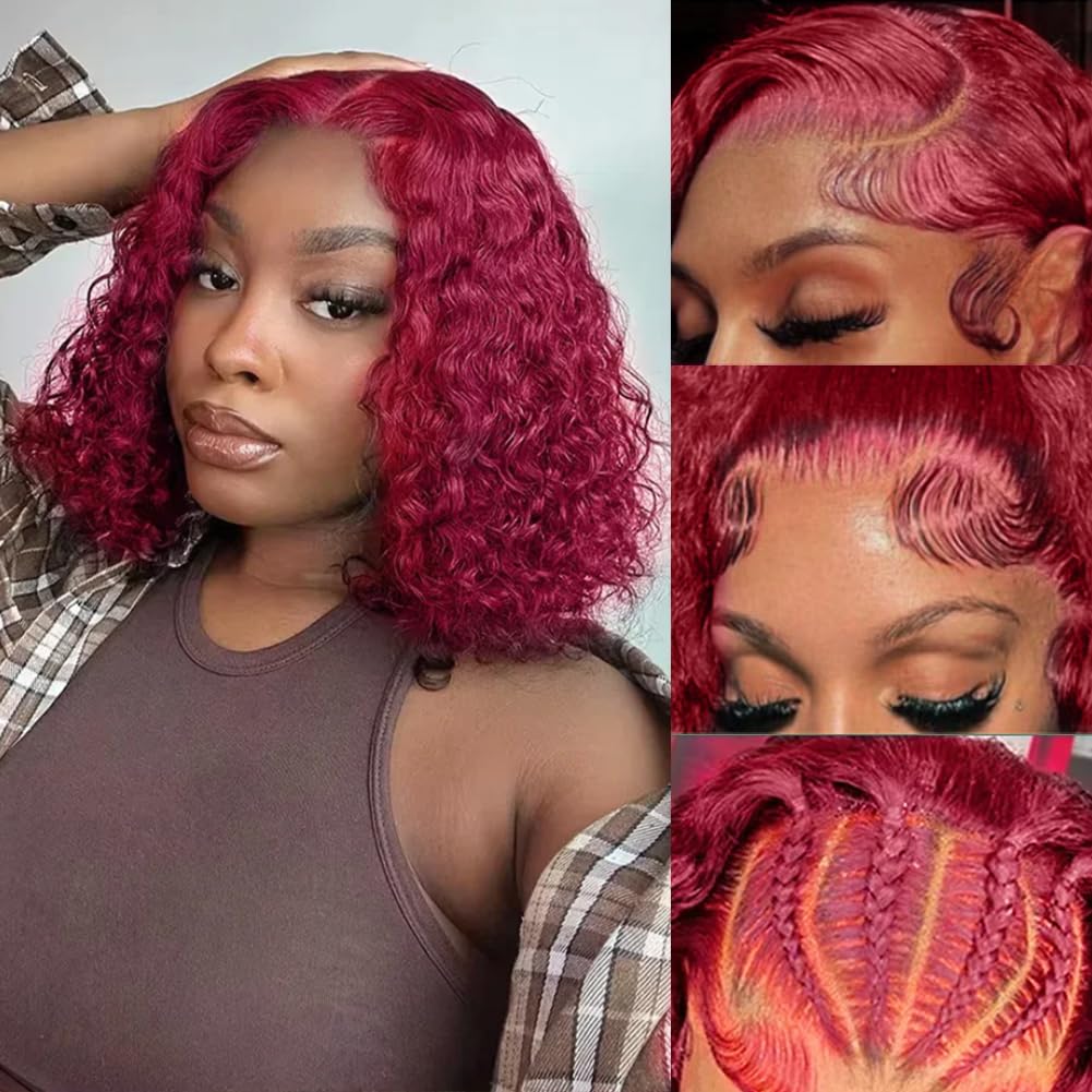 DJFG Deep Wave Lace Front Wigs Human Hair Curly Wig Human Hair HD Frontal 200 Density 13x6 Lace 99j Burgundy Red 14 Inch