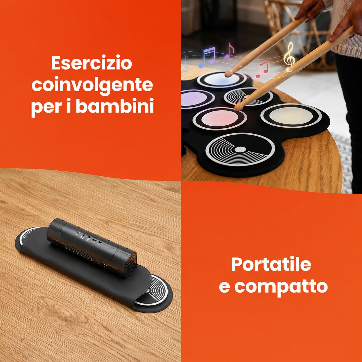 Batteria Elettronica Portatile per Bambini e Principianti, 7 Pad + 2 Pedali, 12 Ritmi Demo, 7 Suoni, Funzione Registrazione, Ingresso MP3, Uscita Cuffie e Altoparlanti