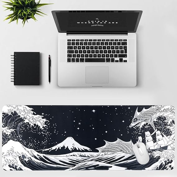 Japanese Sea Wave Gaming Mouse Pad, Anime Gaming Mousepad, Extended Kanagawa Mat Desk Mat, Large Desk pad 31.5x11.8 Inch 2mm Thick Long Non-Slip Rubber Base Mouse Pads (White)