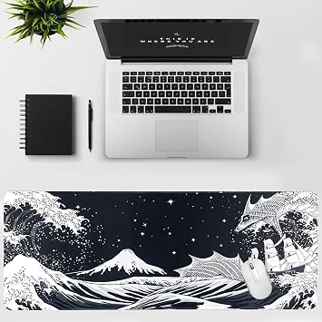 Japanese Sea Wave Gaming Mouse Pad, Anime Gaming Mousepad, Extended Kanagawa Mat Desk Mat, Large Desk pad 31.5x11.8 Inch 2mm Thick Long Non-Slip Rubber Base Mouse Pads (White)