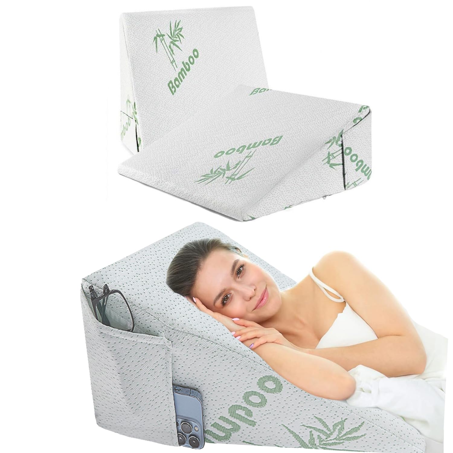 Pinkfairy Bamboo Cover Bamboo Bed Wedge Pillow For Bed & Sofa - Memory Foam Ergonomic Neck Backrest Support Sleep Pillow | Antibacterial, Breathable Stay Cool With Left Side Pockets For Relaxing Or Reading