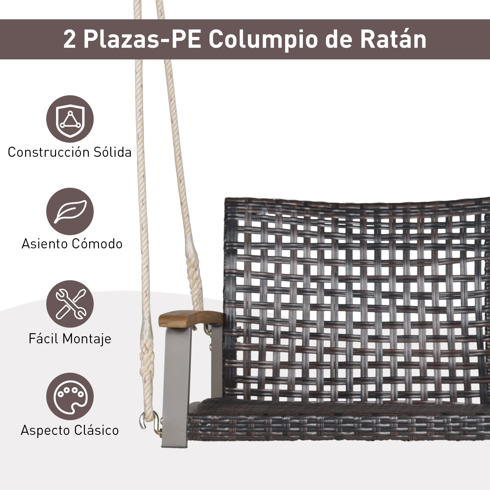 COSTWAY Banco Columpio de Exterior con 2 Asientos de Ratán PE, Respaldo Curvado y Reposabrazos de Madera de Acacia, Carga 360 kg para Pórtico Veranda Patio Jardín (sin cojin)