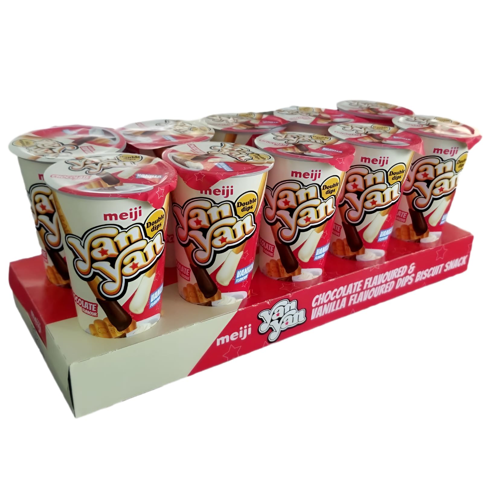 Meiji Yan Yan Biscuit Sticks with Chocolate & Vanilla Dip, 10 Cups, 44g Each – Crispy Snack with Sweet Dips, Perfect for Travel, Parties, School Lunches & Quick Snacks