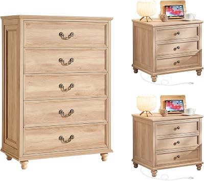 Joaxswe Farmhouse Dressers & Night Stand Set of 3,45" Tall Chest of Drawers, 24" Wide 3 Drawers End Table with Charging Station Set of 2,Natural Furniture Dresser Sets for Home Living Room Hallway