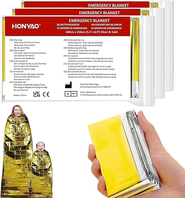 HONYAO® Emergency Blankets 3pcs, Foil Blankets Gold Silver, Thermal Blanket 210×160 cm, Survival Blankets Perfect for Outdoors, Survival, Hiking, Marathons or First Aid, Tear Resistant