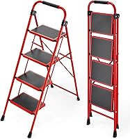Vista 1 de KINGRACK Escalera plegable de 4 escalones, escalera de acero de seguridad resistente de alta resistencia con pasamanos y pedales anchos para Rojo