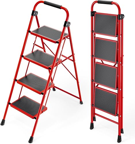 KINGRACK Escalera plegable de 4 escalones, escalera de acero de seguridad resistente de alta resistencia con pasamanos y pedales anchos para