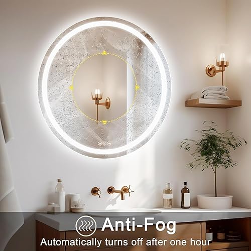 Miniatura 4 de CITYMODA Espejo de baño LED de 28 pulgadas con luces, 3 luces inteligentes antiniebla, espejo de baño redondo montado en la pared, brillo de