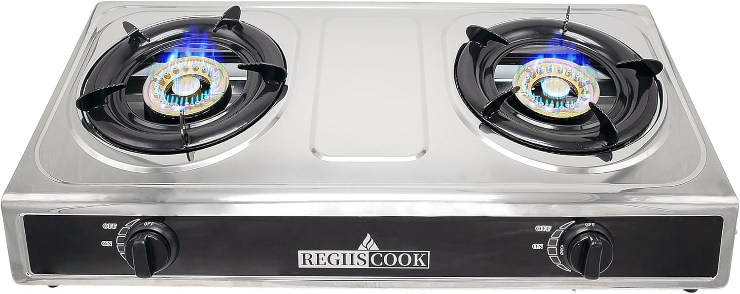 Double Burner Propane Gas Cooktop,Camping Portable LPG Gas Stove, Auto Ignition Stainless Steel Countertop with regulator for Outdoor Kitchen,Camping,RV