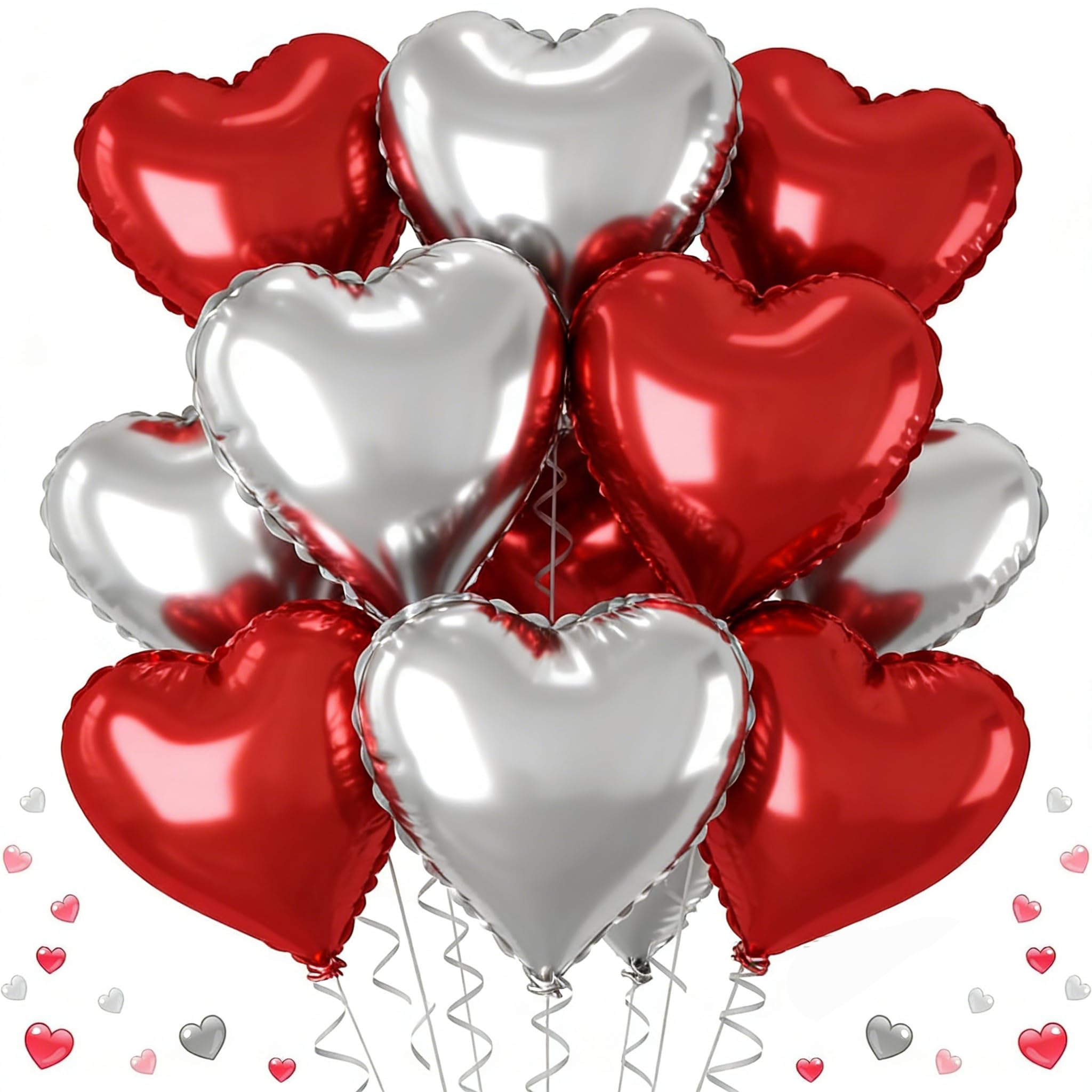 Red Silver Heart Balloons,18 Inch Red Silver Heart Shape Balloons,12PCS Foil Heart Balloon Helium for Birthday Party Bridal Engagement Wedding Anniversary Baby Shower Valentines Decor