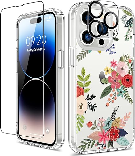 Miniatura 46 de GiiKa Funda rígida para iPhone 14 con protector de pantalla, 6.1 pulgadas, transparente, a prueba de golpes, diseño floral rosa, para niñas y Small