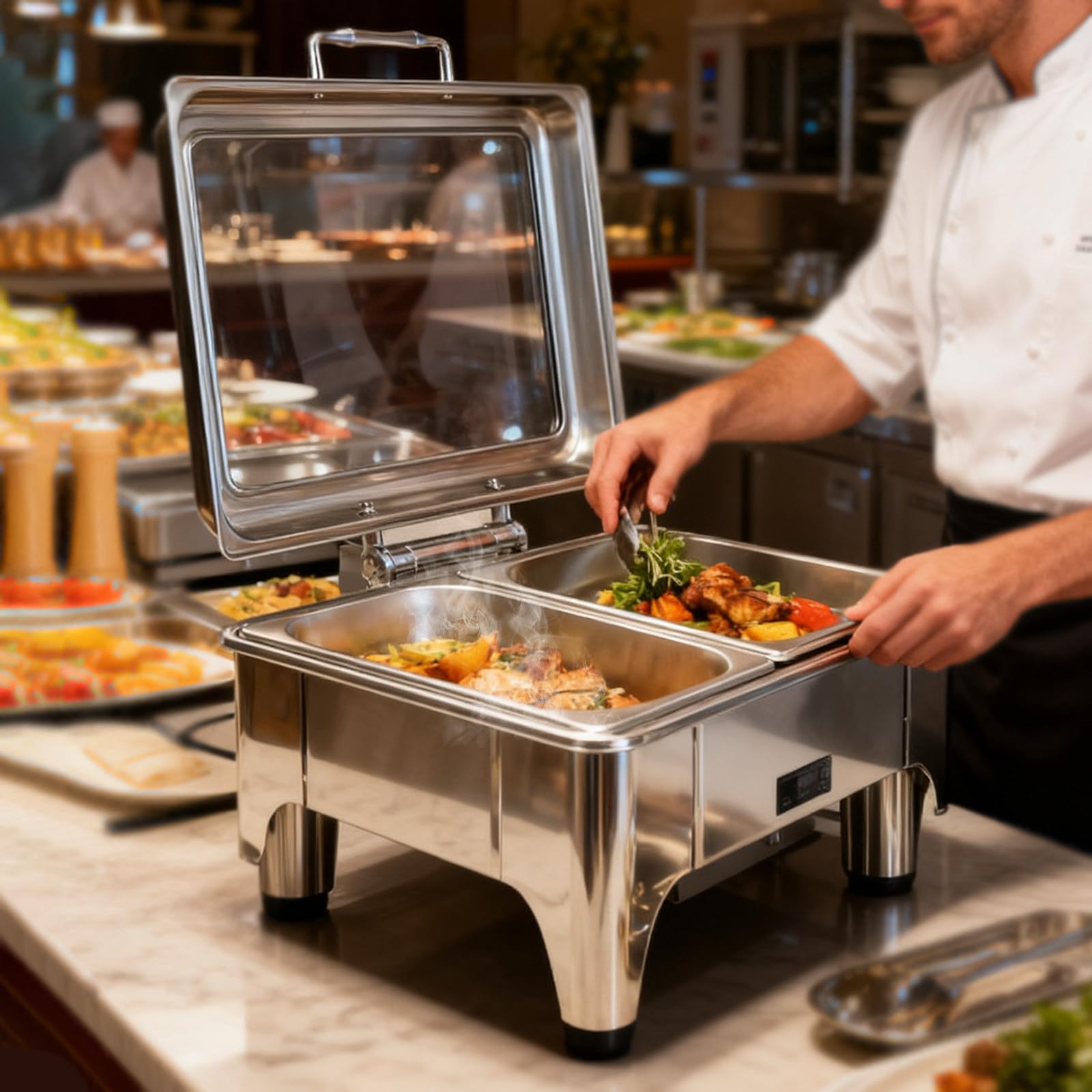 Chafing Dish Elettrico, 9L Scaldavivande Elettrico per Buffet in Acciaio Inox, Professionale ontenitore Scalda Cibo Temperatura Regolabile per Buffet, Ristoranti, Hotel(B,1/2 Pan)