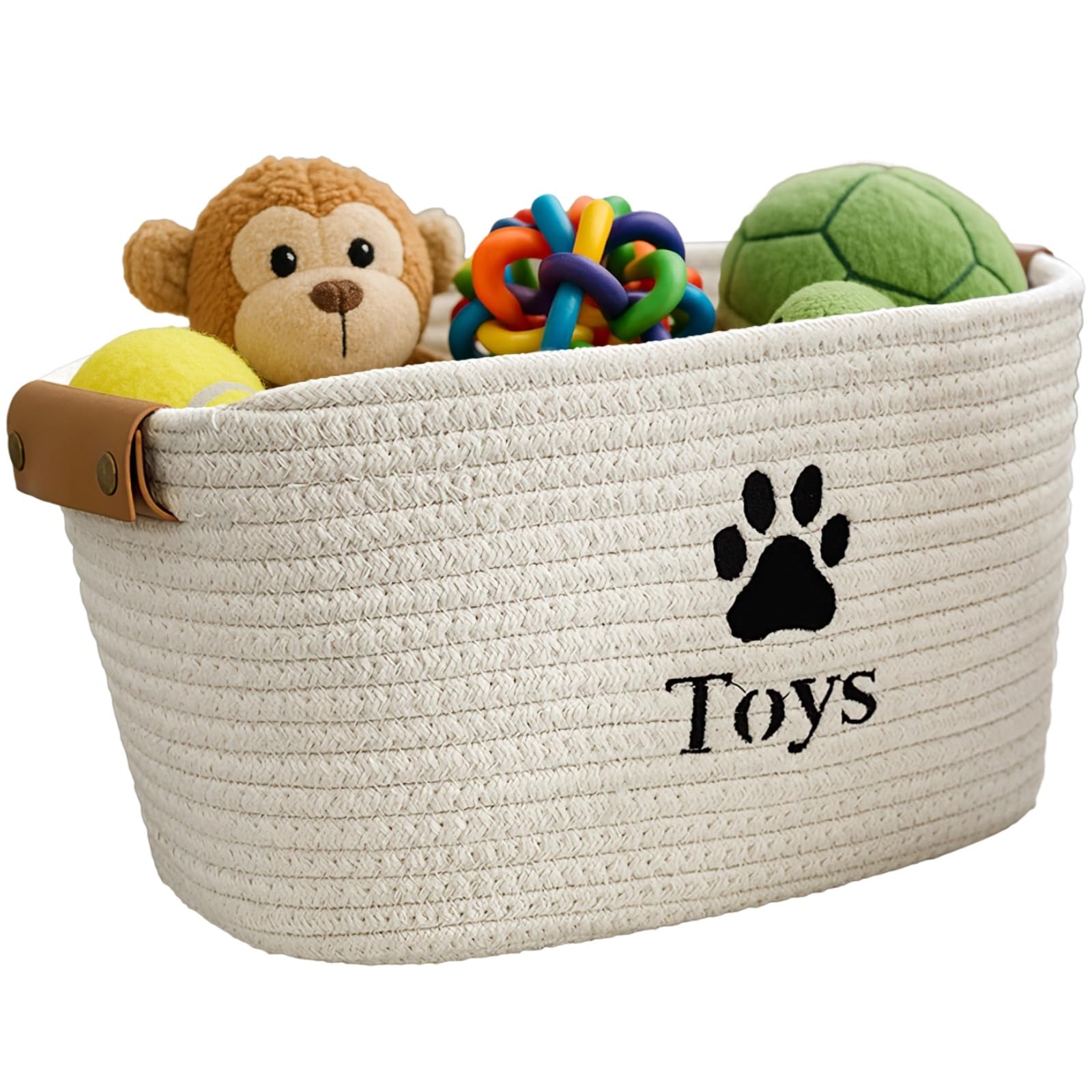 Haustier Spielzeug Aufbewahrungskorb, weiche Baumwolle Seil gewebt Organizer, langlebige klappbarer Bin für Hund Katze Spielzeug, geräumig 13 x 9 x 7,5 in / 33 x 23 x 19 cm, Beige