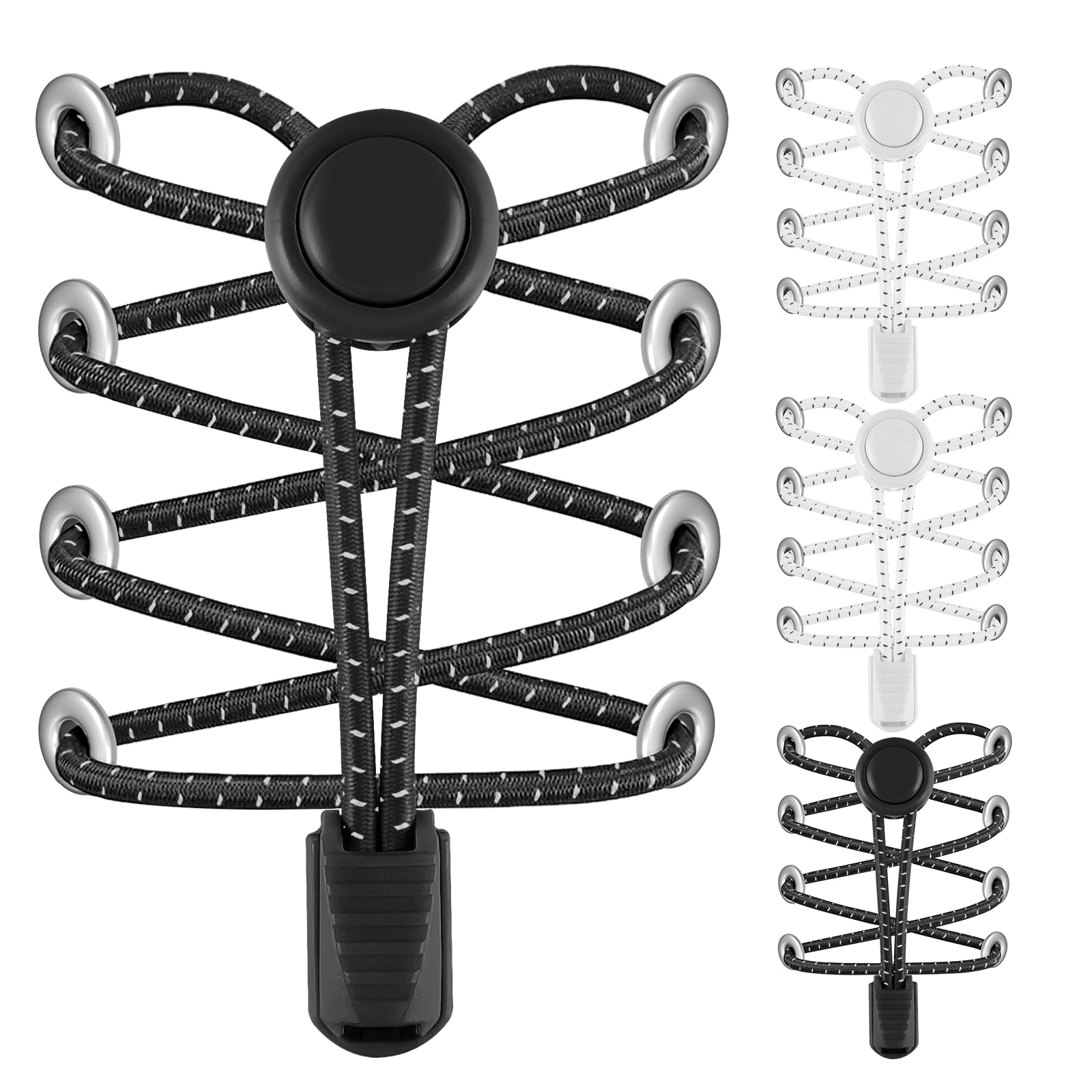 AMLY Elastic No Tie Shoelaces - 4 Pairs, Upgraded Lock, Heavy Duty Reflective Shoe Laces for Kids and Adults (Black-Black-White-White)