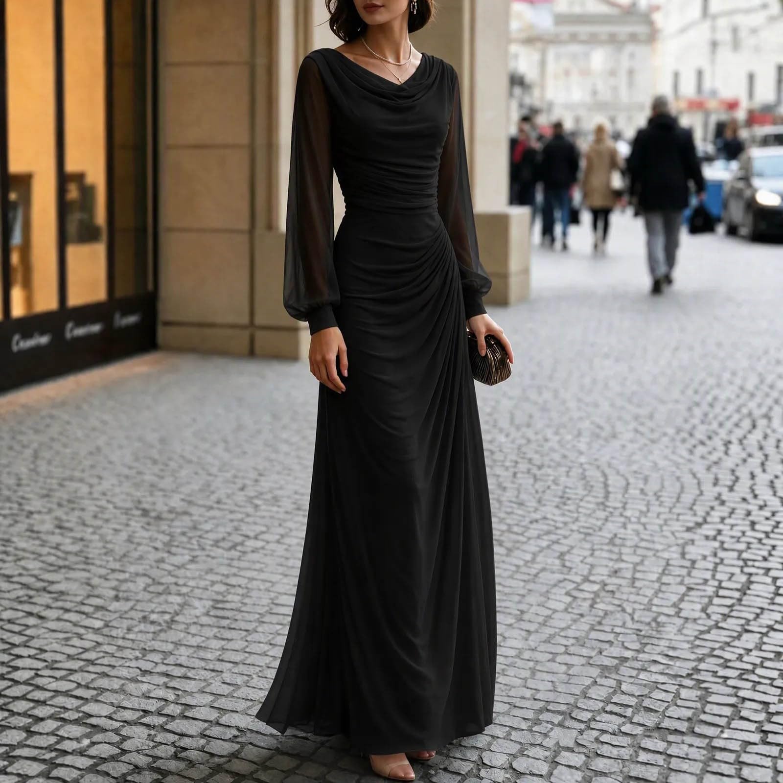 Herbstkleid Damen Langarmkleid Abendkleid Freizeitkleid Kleid Langarm