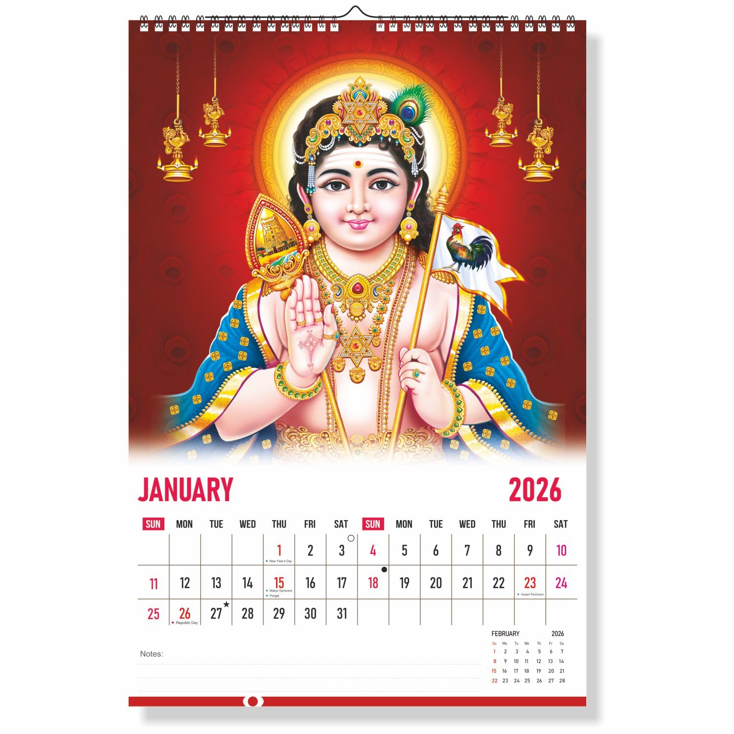 Zoozo Artz 2026 Wall Calendar – Lord Murugan Theme Spiritual Decor | 12 Sheeter Hanging Monthly Planner with Divine Artwork | Premium 130 GSM Art Paper, Spiral Binding, Large Size(Z15)-image-15