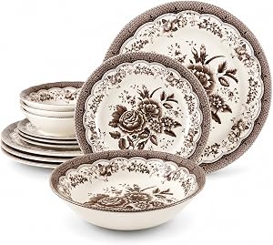 Tudor England Royal 12-Piece Porcelain Dinnerware Set for 4, Victoria Brown Floral Design, Dinner Plates, Salad Plates and Soup Bowls, Dishwasher and Microwave Safe