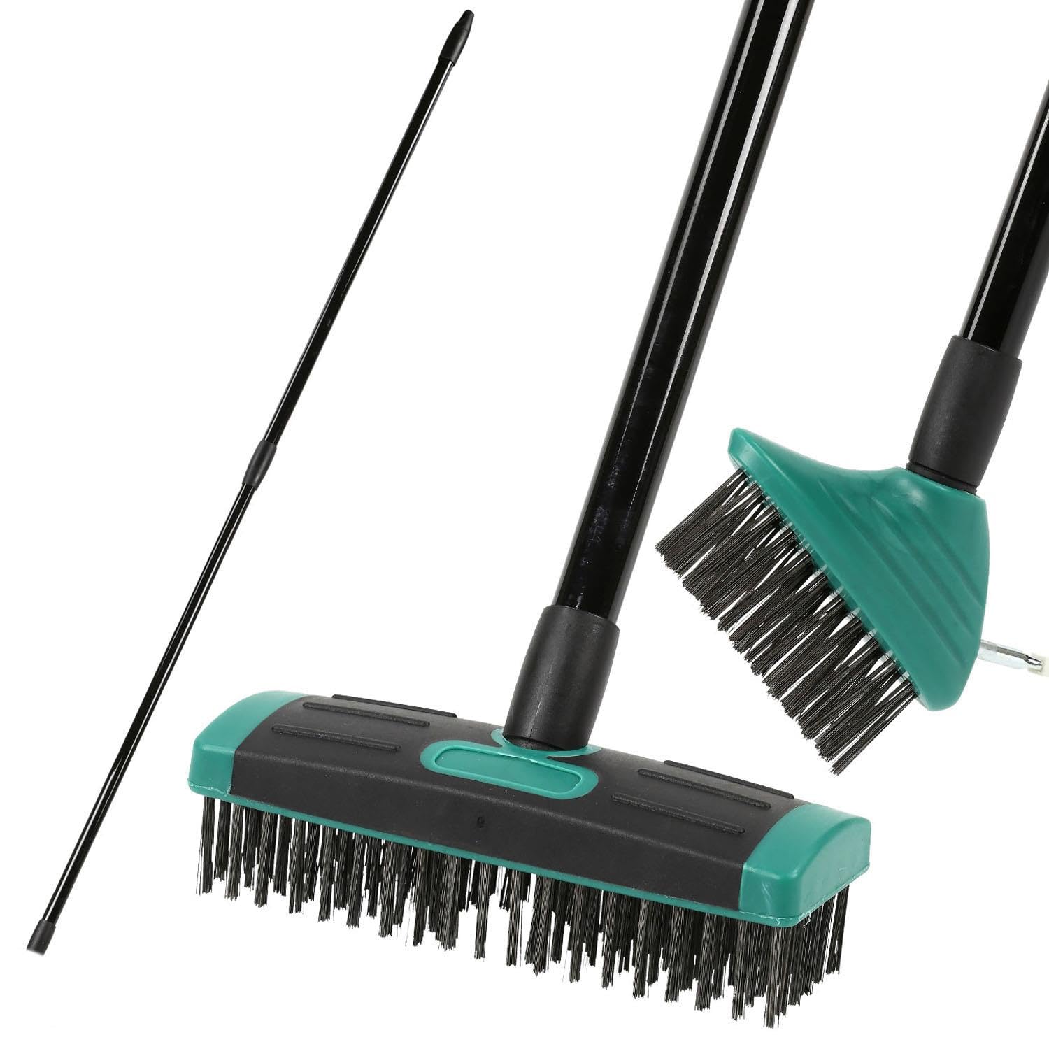 Taylor & Brown Green 3 In 1 Telescopic Weed Remover Brush Wire Head Paving Decking Clean Scrub Moss Weed Remover Tool Wire Brush Scraper Set With Metal Broom & Weed Removal Head