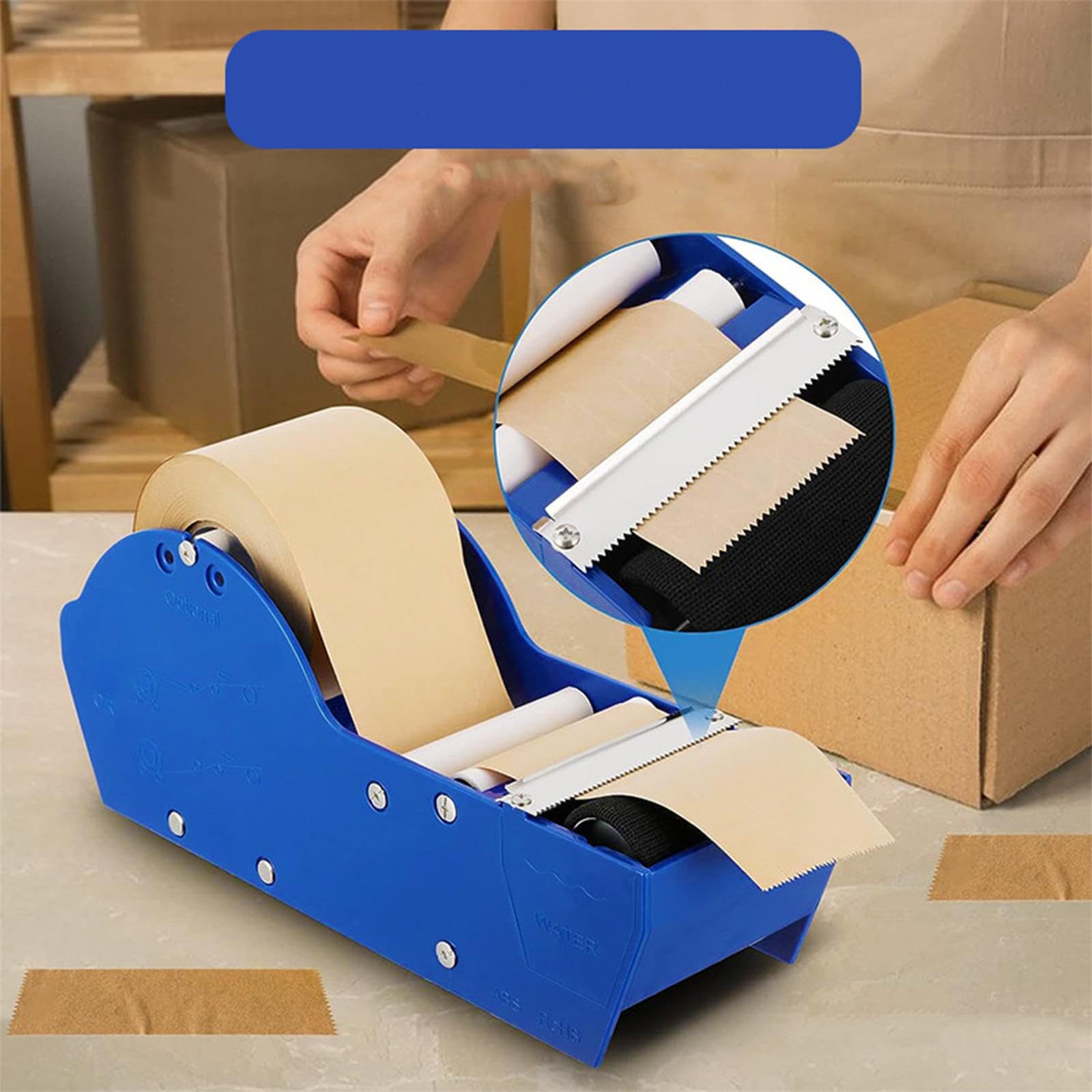 Generic Distributore Nastro Adesivo Macchina Manuale Taglio Portatile Taglierina Nastro Attivato Acqua Denti Antiruggine Manico Comodo Adatto a Ufficio C, blu