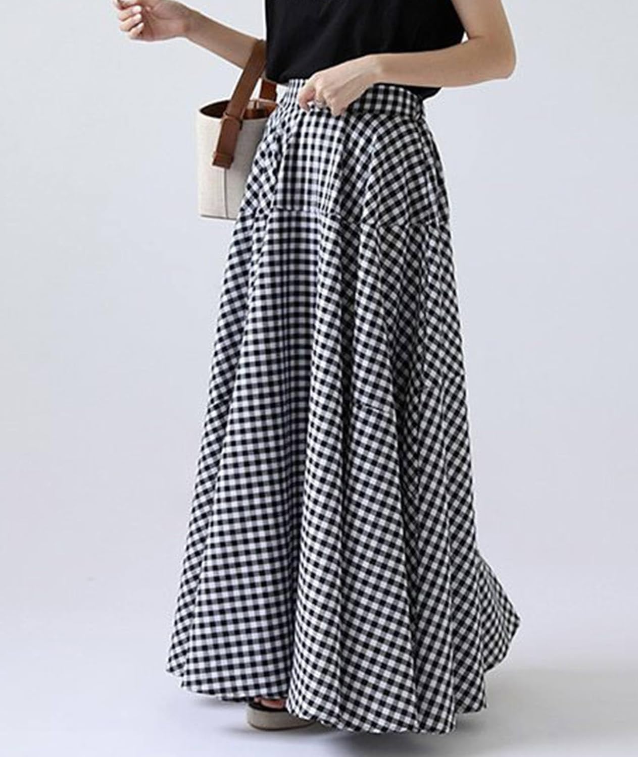 SOMTHRON Women's Retro Plaid Maxi Skirt A Line Pleated Flared Elastic High Waisted Gingham Summer Swing Long Skirt - Image 2