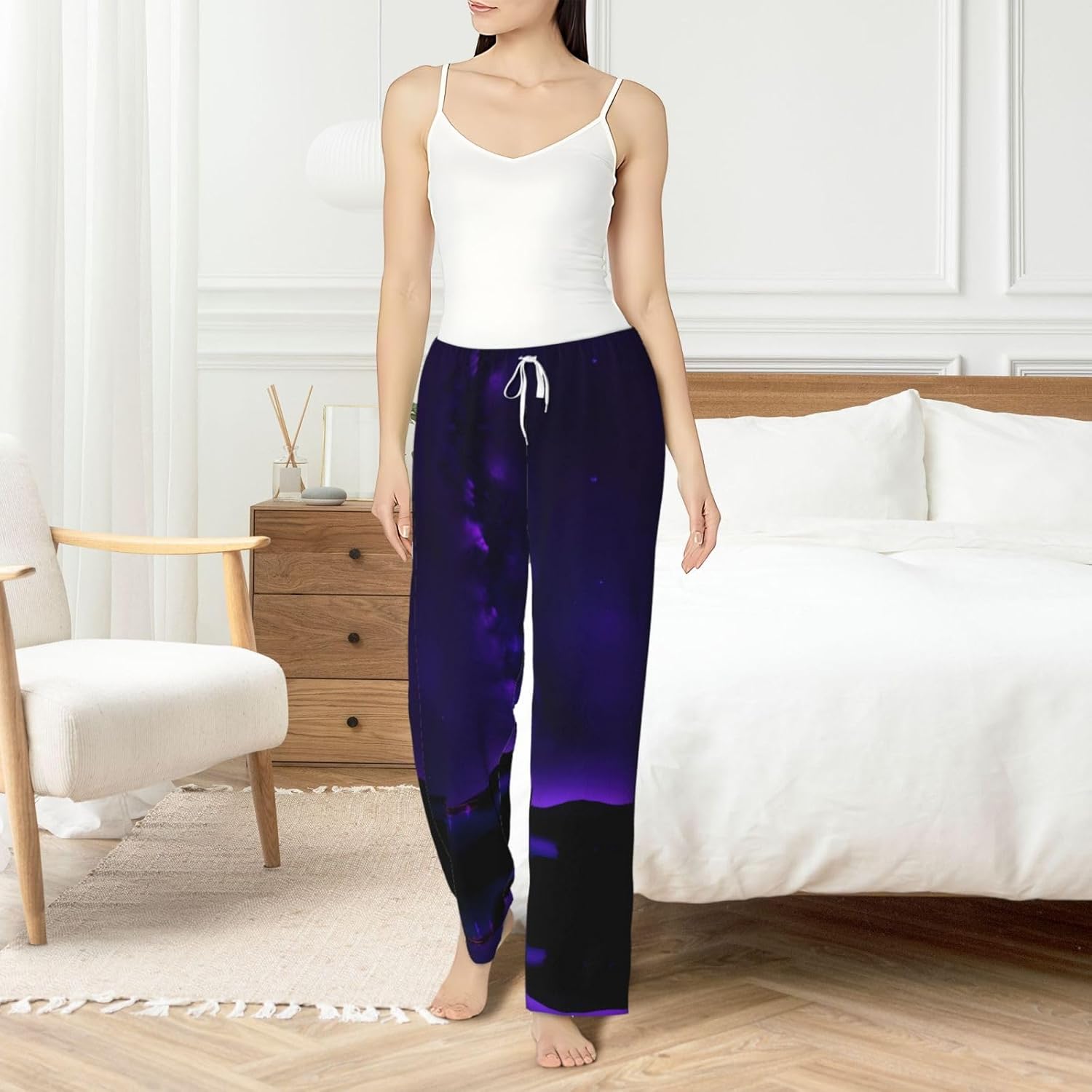 Purple Starry Sky Print Cozy Christmas Pajama Pants,Flannel Pajama Bottoms,Cater To Various Body Types