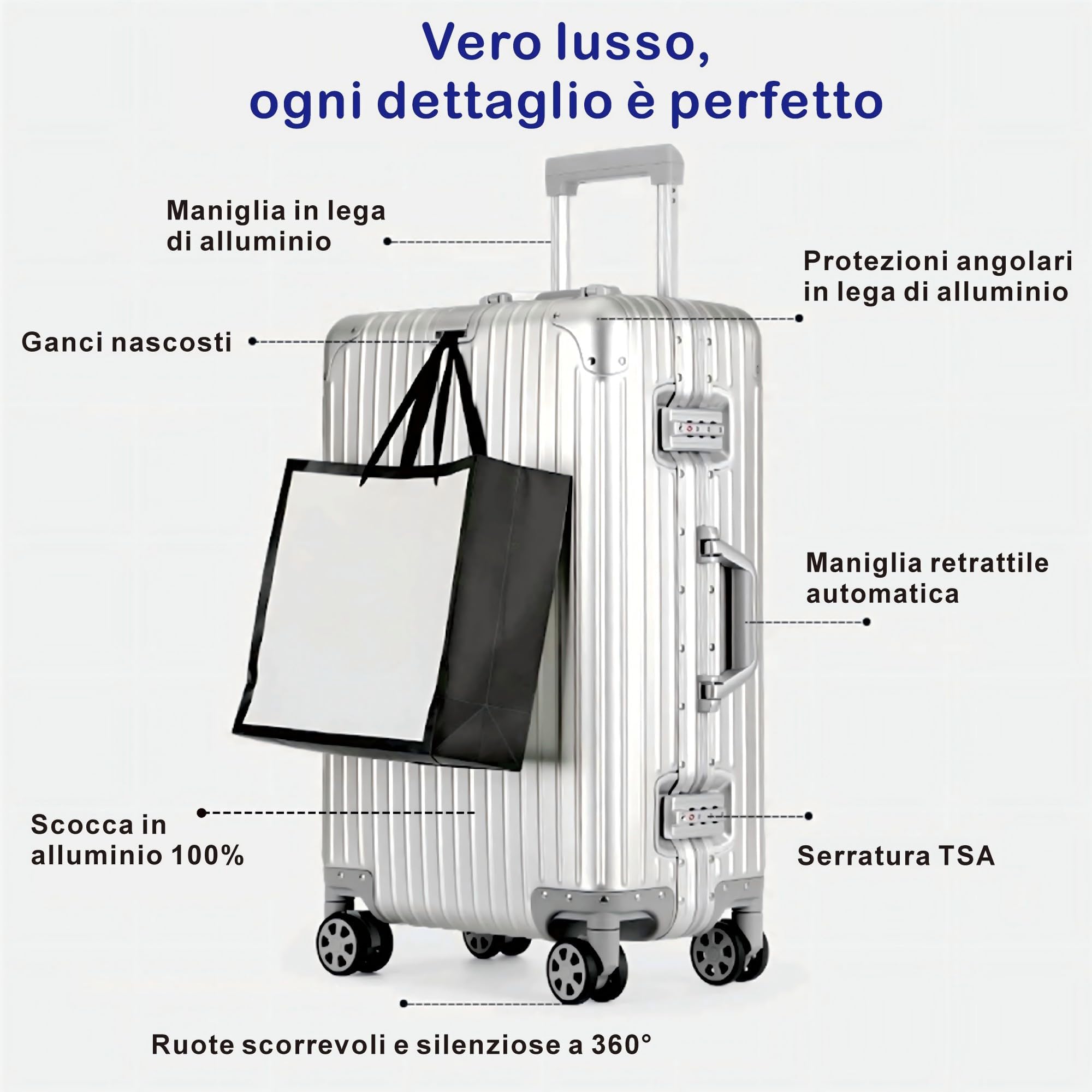 Aoliwei Valigia Bagaglio a Mano con coque in alluminio 100% puro. Valigia Trolley con 4 Ruote Doppie Girevoli e Lucchetto TSA Integrato(Argento,M)