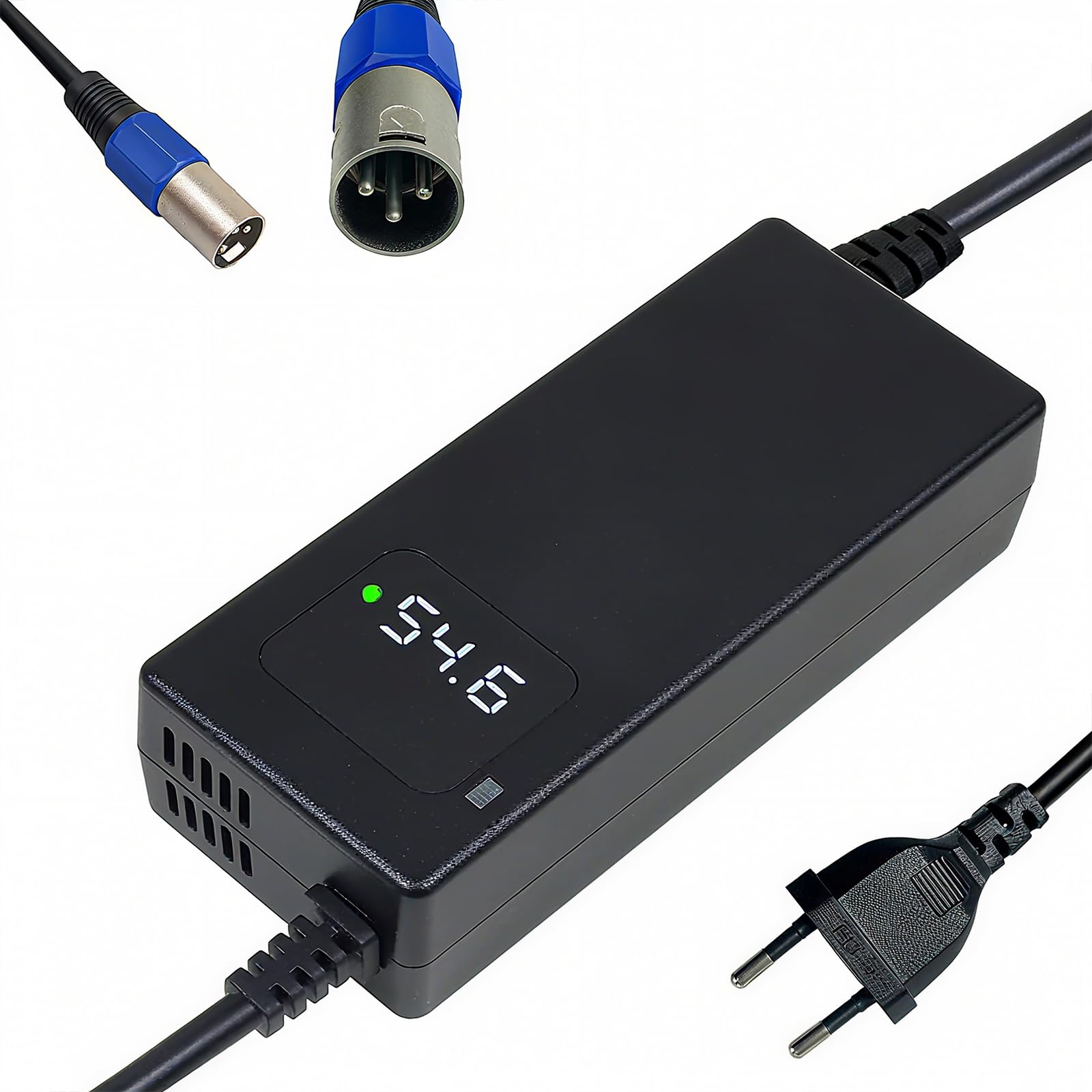 Chargeur Batterie 54,6V 2A pour Batterie Lithium 48V, Certification de sécurité CE, avec Affichage LED et Protection Multiple, Fonctions de réparation, avec connecteur XLR 3 Broches