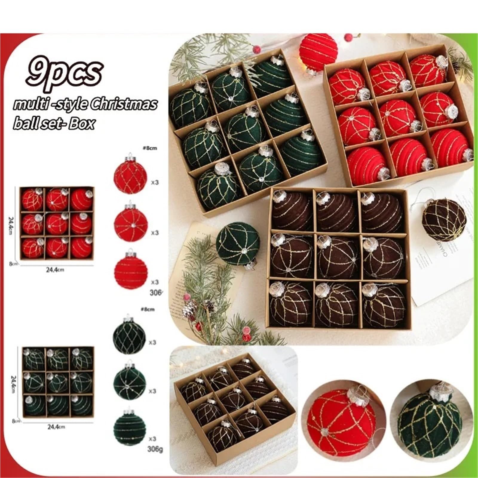 Bolas de Navidad Decoracion Juego de 9 Bolas navideñas flocadas de 8 cm for Colgar en el árbol, decoración de escenas DIY(8CM Green)